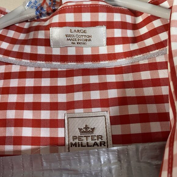 Peter Millar Dress Shirt Red Gingham Plaid Button Men Large Weekender Finish - Picture 7 of 13